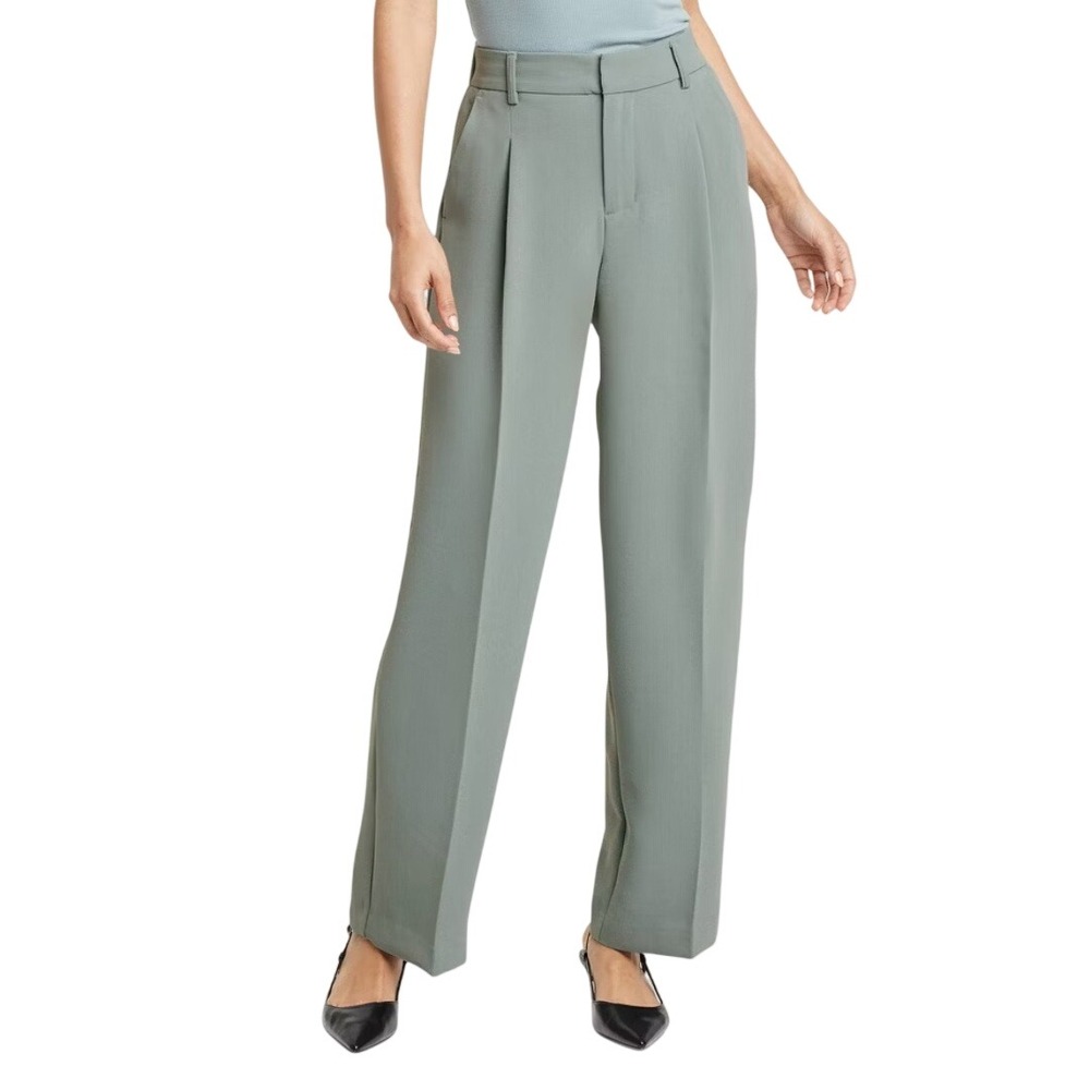 A New Day Women's Sage Green Pleated Wide Leg Trousers Size 12 Short